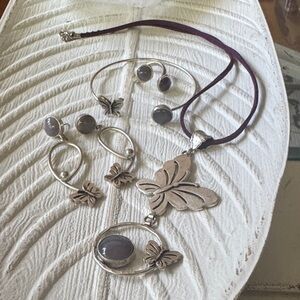 Silver Butterfly Pendant Necklace and Earring Set with Purple Chalcedony
